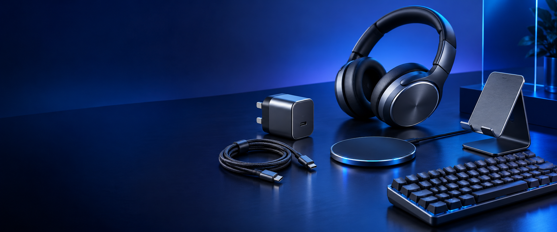 Everyday technology accessories arranged on a deep blue desk