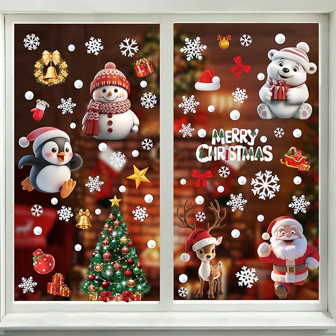 3D Christmas Window Stickers, 9Sheets Xmas Window Stickers Double-Sided Xmas Clings, Snowflake Santa Claus Reindeer Window Decal for Christmas Window Decoration